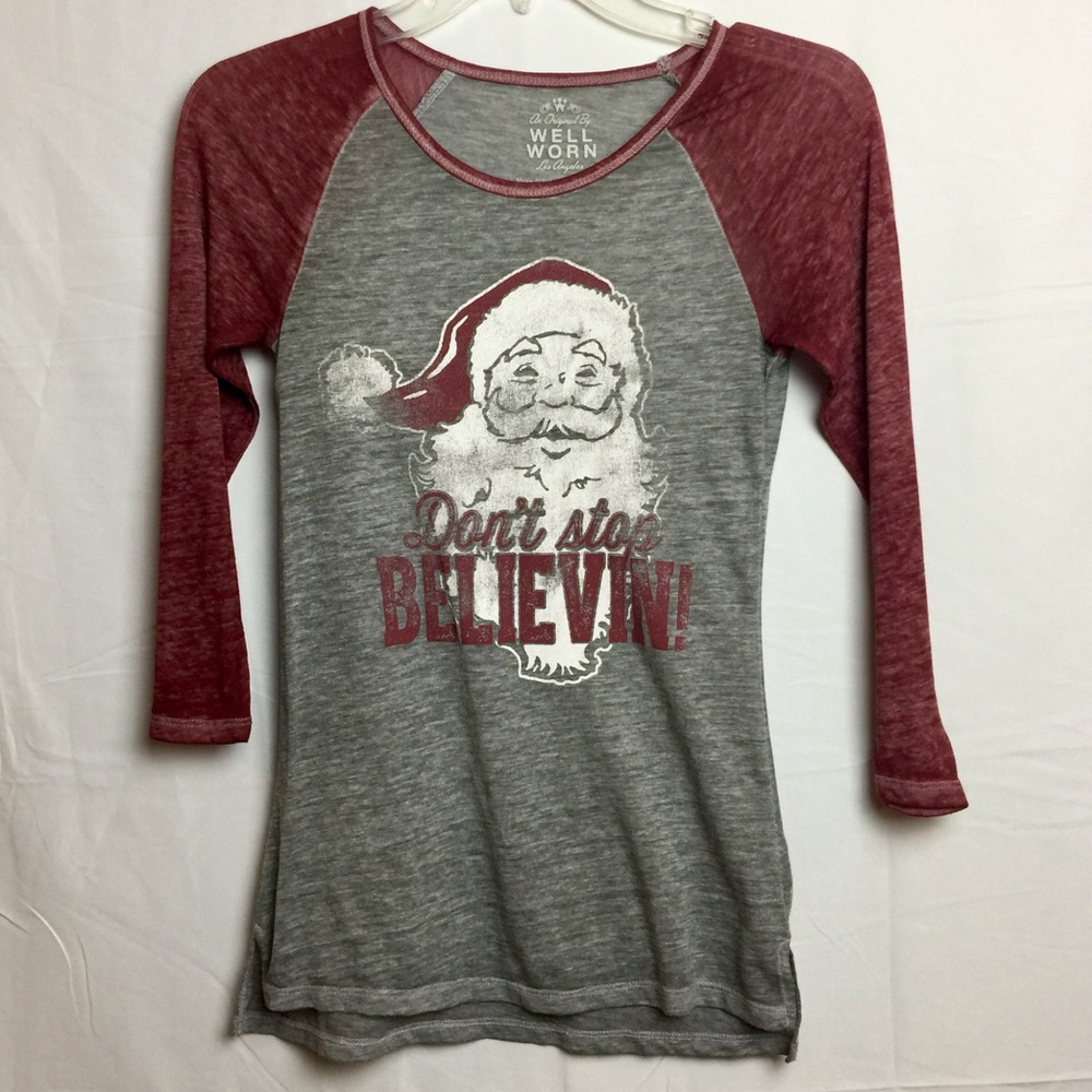 WELL WORN SANTA RAGLAN BURNOUT TEE || Gray || XS
